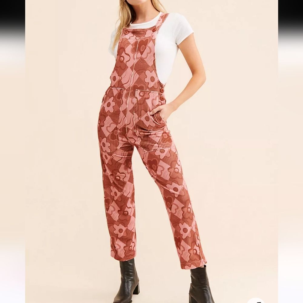 Free People LA Artist Dasey Pink Floral Velour Overall Jumpsuit NEW